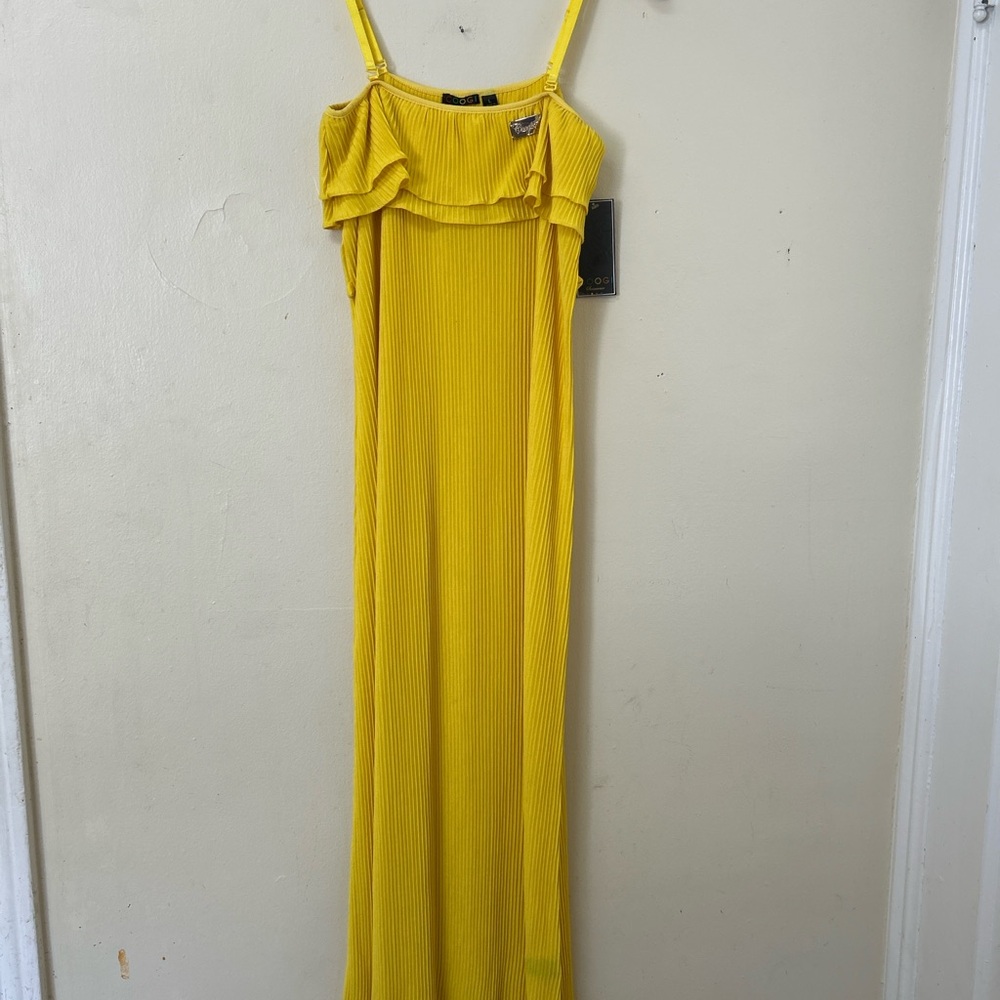 COOGI pleated Yellow dress Removeable straps Ruffled Maxi‎ Dress Large(no belt)
